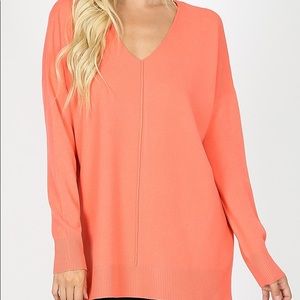 Deep Coral Garment Dyed V-Neck Front Seam Sweater